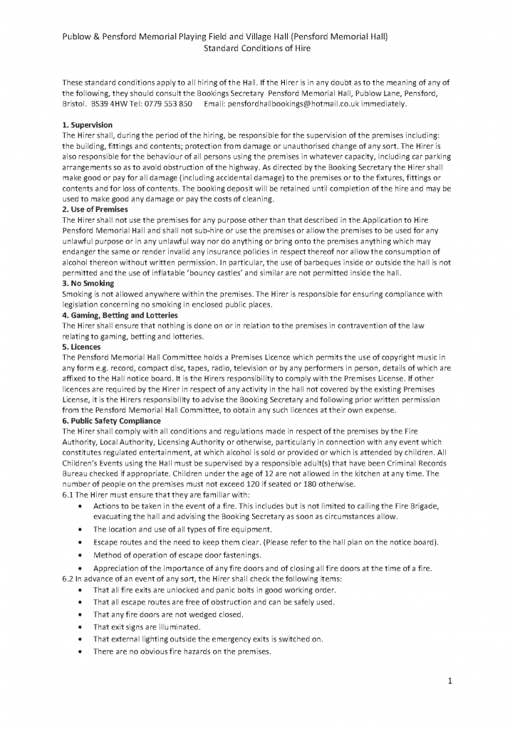 Pensford Memorial Hall Conditions of Hire