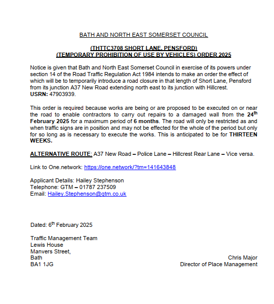 Road Closure Short Lane